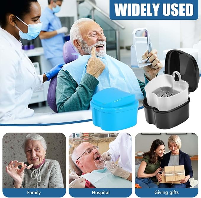 2 Pack Colors Denture Bath Case Cup Box Holder Storage Soak Container with Strainer Basket for Travel Cleaning (Light Blue and Black)