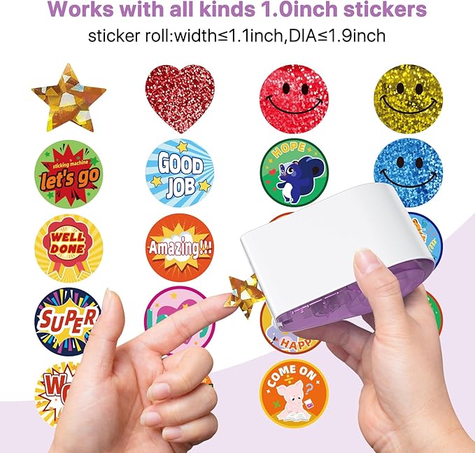 Manual Sticker Dispenser for Rolls of Stickers with 1520Pcs 1Inch Gold Star,Red Heart,Smiley Face Stickers for Kids Reward,Behavior Chart,School Classroom Student Teacher Supplies Gift(Purple)