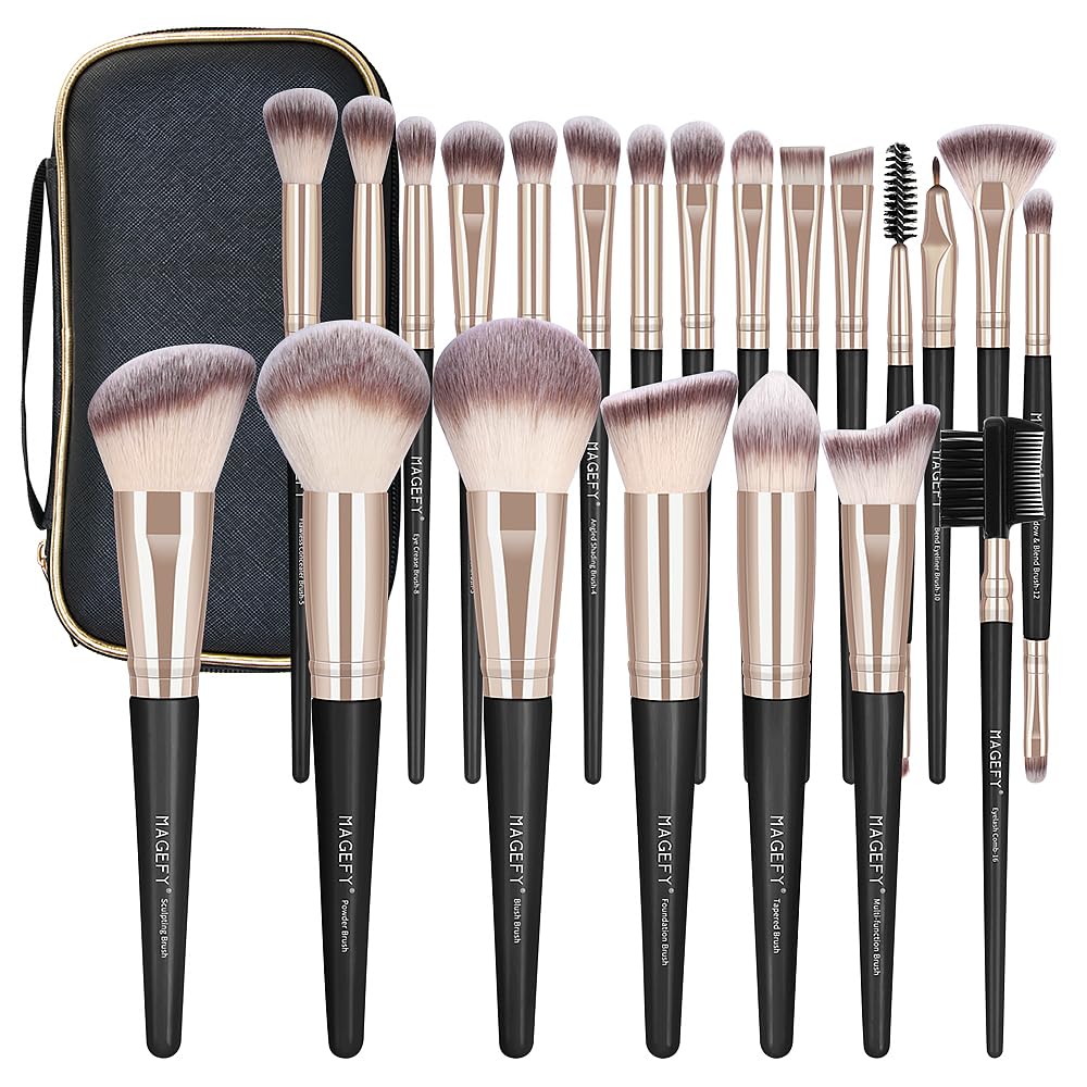 MAGEFY Makeup Brushes, 22 Pcs Professional Premium Synthetic Makeup Brush Set with Case, Foundation Eyeshadow Brush Travel Make up Brushes Set (Blackgold)