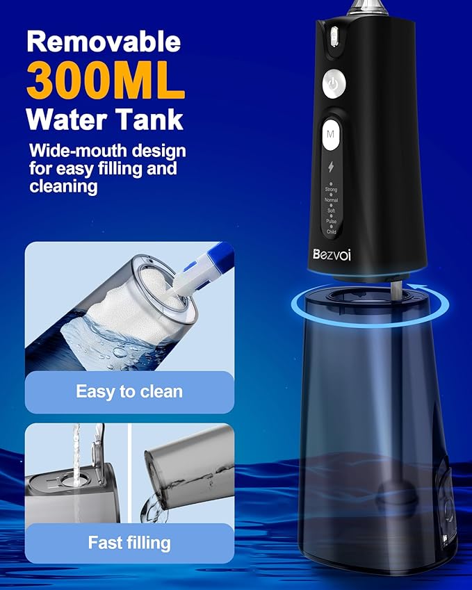 Water Flosser Teeth Pick: 5 Modes Cordless Water Dental Floss 300ML Portable Rechargeable IPX7 Waterproof Electric Water Flossing Cleaning Picks with 6 Jet Tips Oral Irrigator Cleaner, Black
