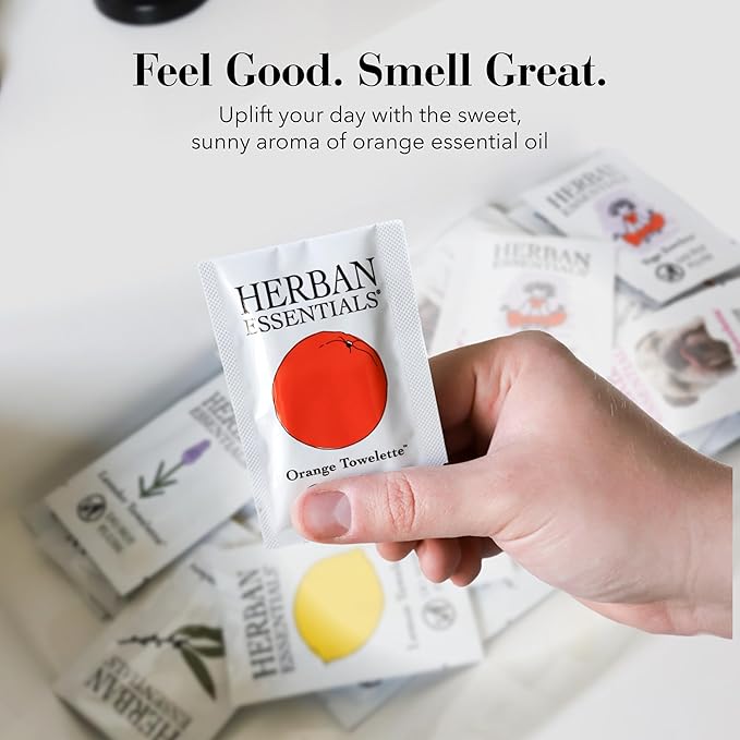 Herban Essentials - Orange Wipes & Towelettes - Essential Oil Wipes for Make Up, Hands, Face & Body - Travel Size Essentials & Toiletries - Natural, Individually Wrapped, Disposable & Moist (7 count)
