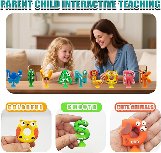 LIFUGS Suction Bath Toy for Toddler,26PCS Animal Alphabet,Montessori Sensory Toy,No Hole Bath Toy for BathToys for Kids Ages1-3,Early Alphabet Learning Tools,Educational Spelling for Autism/ADD/ADHD