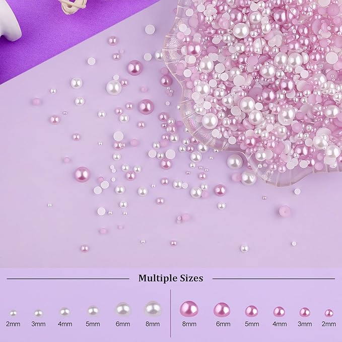 2 Boxes Flat Back Pearls Kit 2 Flatback White&Light Purple Half Round Pearls with Pencil and Tweezer 2-8mm for Face Makeup and Craft