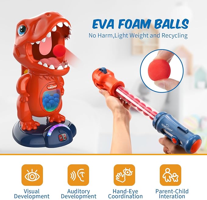 EagleStone Movable Dinosaur Shooting Toys for Kids Games with 2 Air Pump Gun, Party Toys with Score Record, LED & Sound, 48 Foam Balls Electronic Target Practice Gift for Boys and Girls