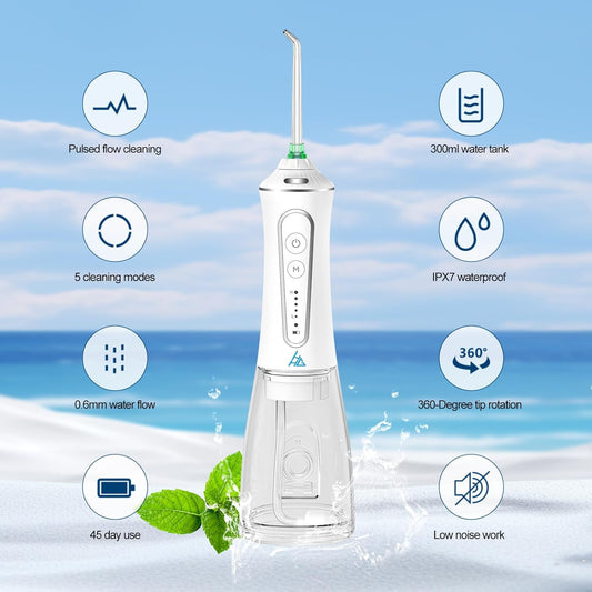 Dental Flosser with 5 Modes, Cordless Travel Dental Flosser, Rechargable, Long Lasting Battery, 300ml Water Tank, Travel Friendly. FDA Accepted.