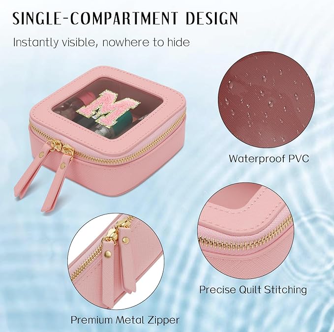 Christmas Gifts for Girls - Initial Clear Toiletry Bag, Small Cosmetic Bags for Girls with Zipper, Potable Mini Makeup Bag for Birthday, Graduation (Pink, M)