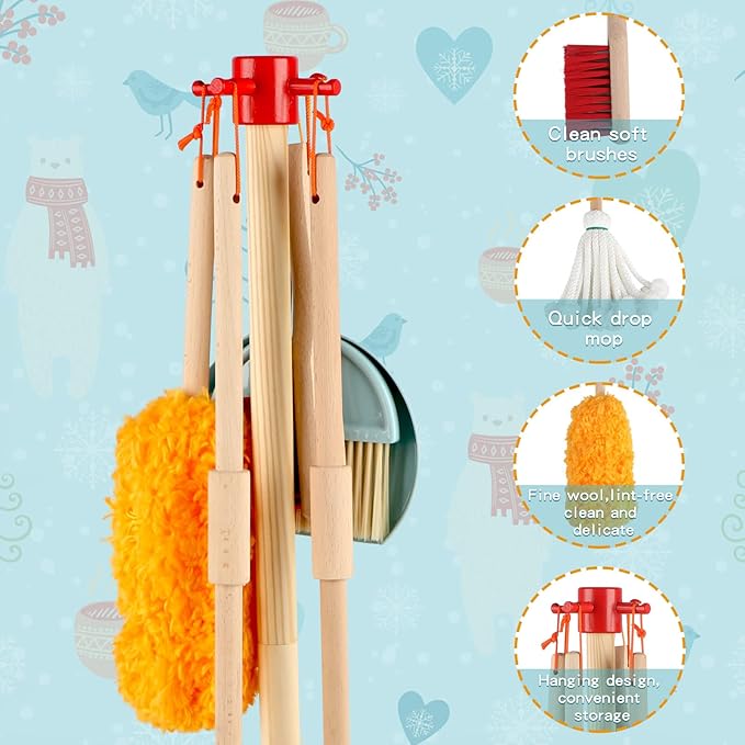 Qilay Kids Cleaning Set 7 Piece Wooden Detachable Cleaning Set Includes Housekeeping Broom, Dustpan, Brush & Other Cleaning Tools, Preschool Educational Pretend Play Cleaning Tools for Toddler