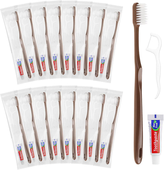 Disposable Toothbrushes with Toothpaste, Travel Toothbrush Kit, Individually Packaged, Brown, with Floss Picks, Suitable for Hotel, Home, Camping, Travel (20-Pack)