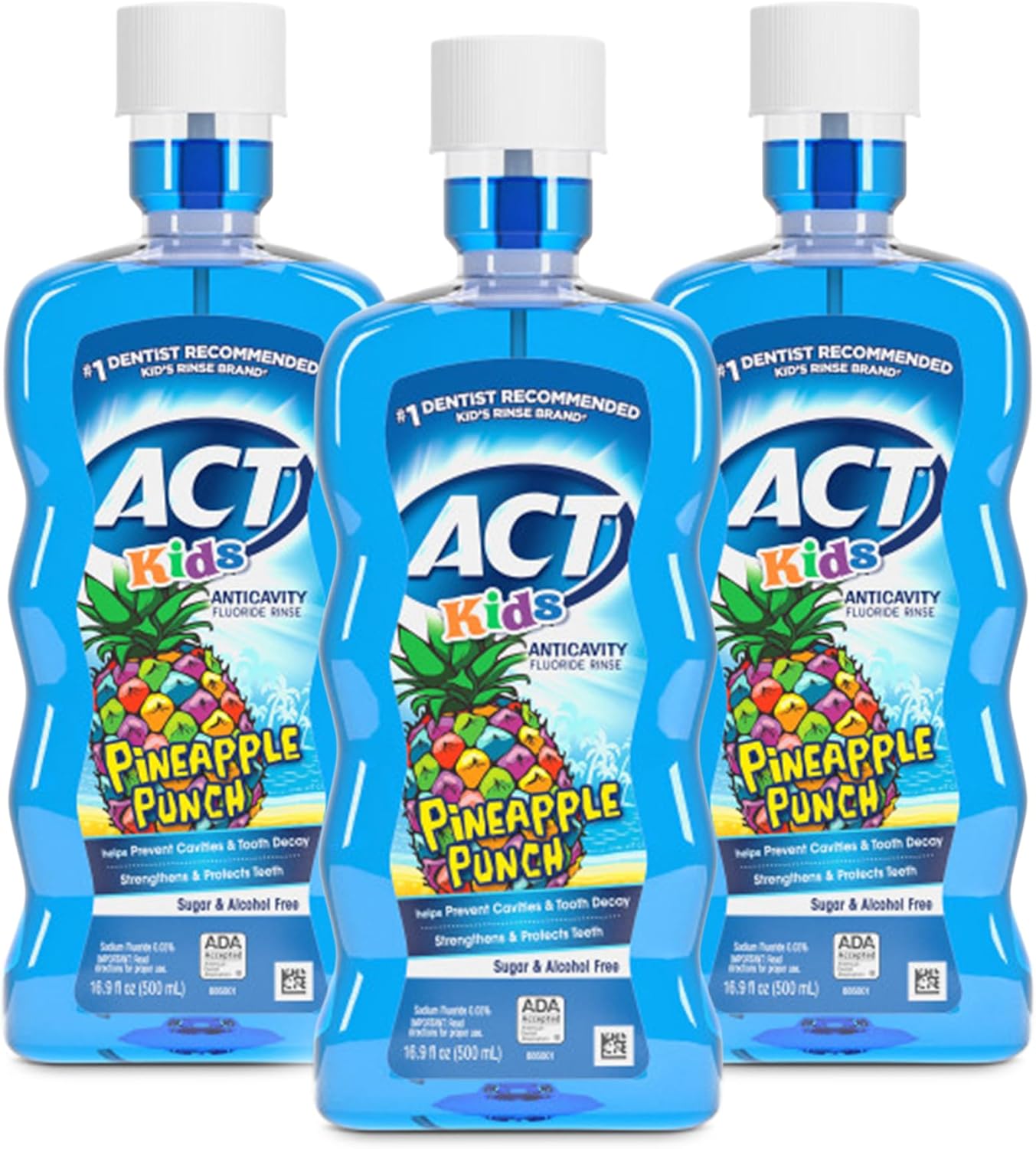 ACT Kids Anticavity Fluoride Mouthwash, Sugar & Alcohol Free Mouth Rinse Strengthens Teeth, Pineapple Punch, 16.9 fl. oz.(Pack of 3)