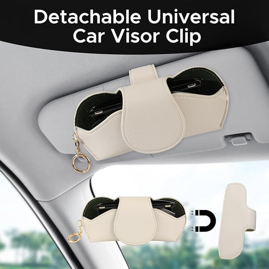 KINIVA Sunglasses Holder for Car Visor with Hanging Hook Portable Leather Glasses Storage Bag with Detachable Clips