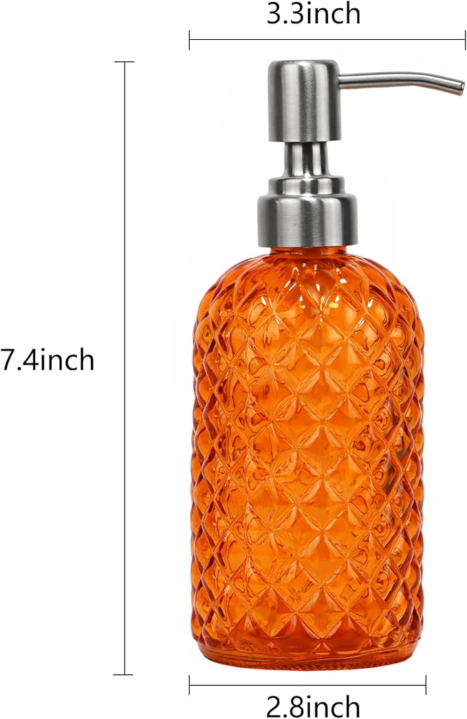 16 oz Diamond Pattern Glass Soap Dispenser, Kitchen and Bathroom Refillable Soap Dispenser with Rust Resistant Stainless Steel Pump for Hand Soap, Lotion Glass Liquid Dispenser (Orange)