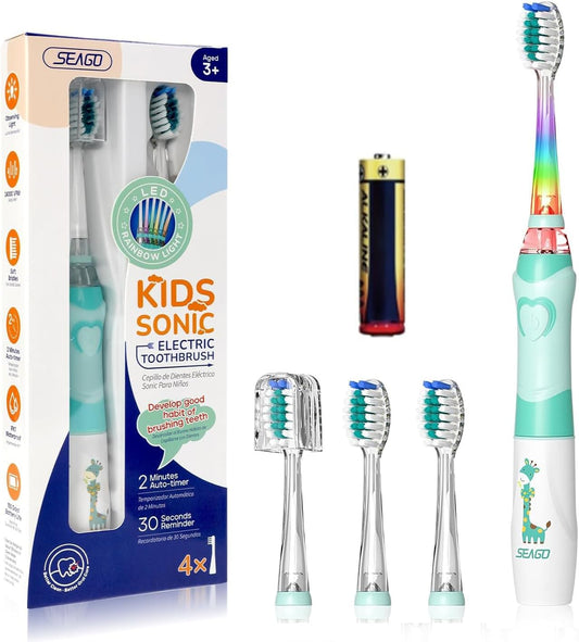 Kids Electric Toothbrush with 2 Minute Timer 30 Seconds Reminder and 4 Replacement Bursh Heads,Color Led Lights,24,000 Vibrations Boys Battery Power Toothbrush for Ages 4-12 Years(Green)