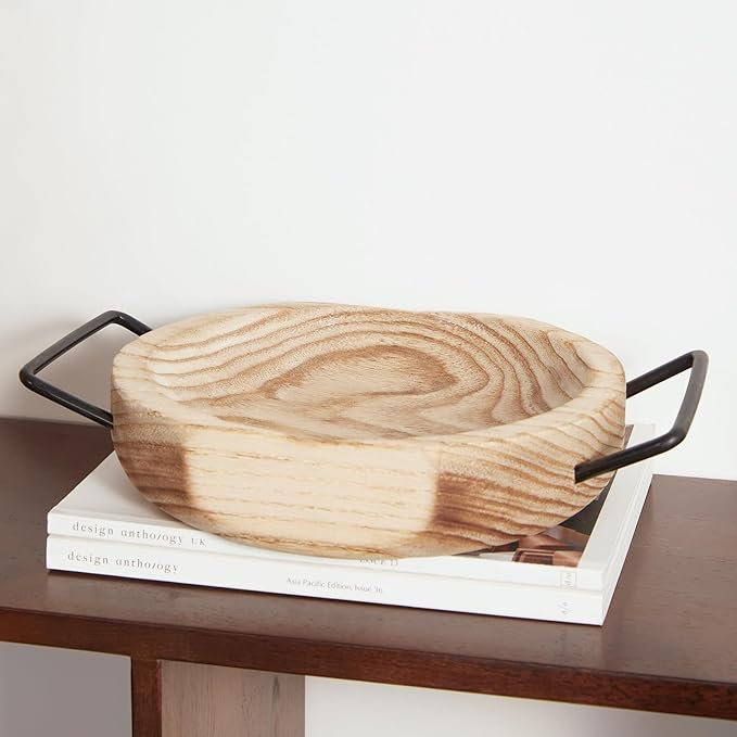 DN DECONATION Round Wooden Tray with Handles, Rustic Wood Ottoman Tray for Coffee Table Bathroom, Trinket Trays Decor for Home & Living Room Decor Farmhouse Perfume Organizer