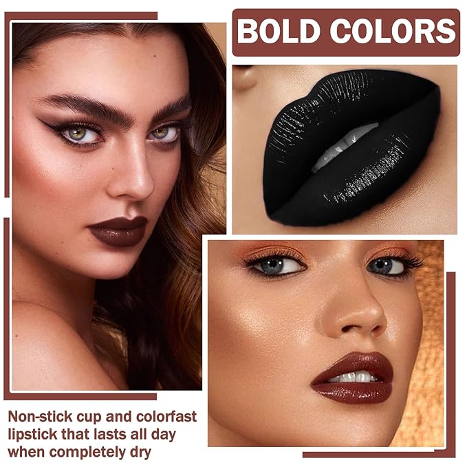 3 in 1 Black Lip Liner Pencil and Lipstick lipgloss Set Matte Black Lipstick Lip Gloss Kit Long-lasting Nonstick Cup Smudge Proof Lip Kits with Lip Liner,Velvet Goth Makeup (12#Black Magic)