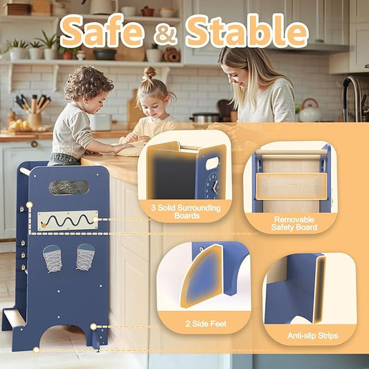 Toddler Tower 4-in-1 Multifunctional Kitchen Step Stool Helper with Removable Safety Board, Adjustable Heights, Slide, Highchair, Chalkboard, Montessori Games-Blue