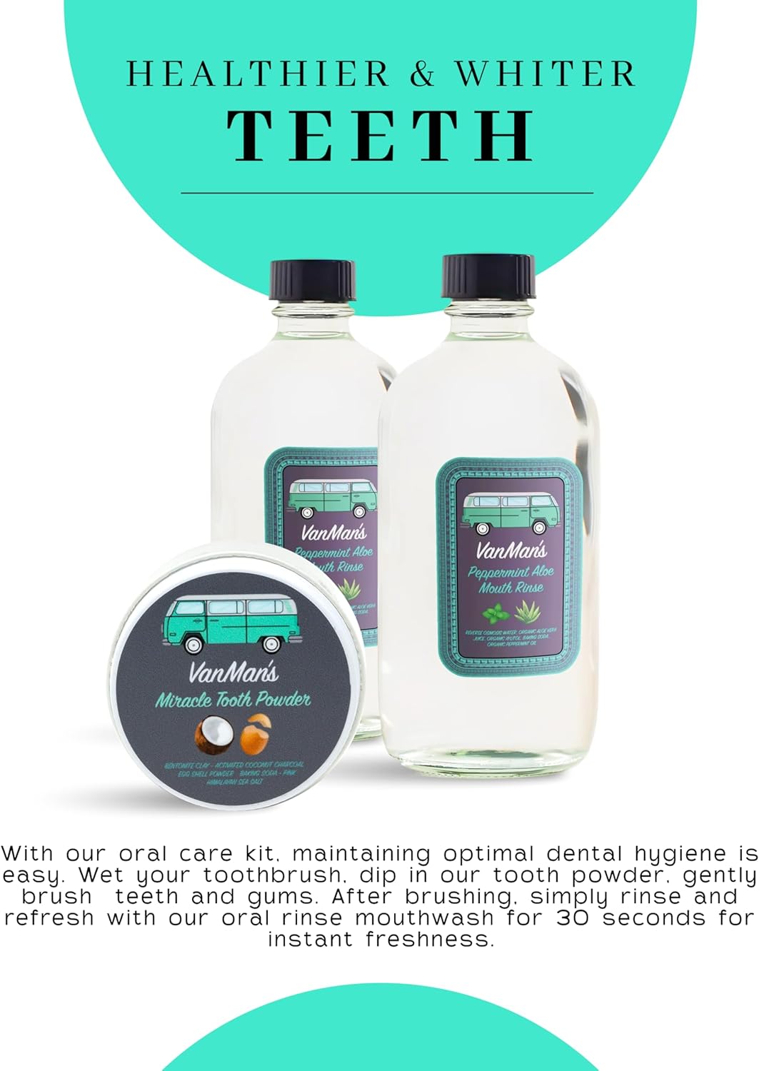 Vanman's - Oral Mouth Care Kit with Powder Toothpaste (2.2 Ounce) and Two Oral Rinse Mouthwash (8.8 Ounce) - Aloe, Mint Remineralizing Mouthwash and Tooth Powder with Coconut Charcoal, Egg Shell