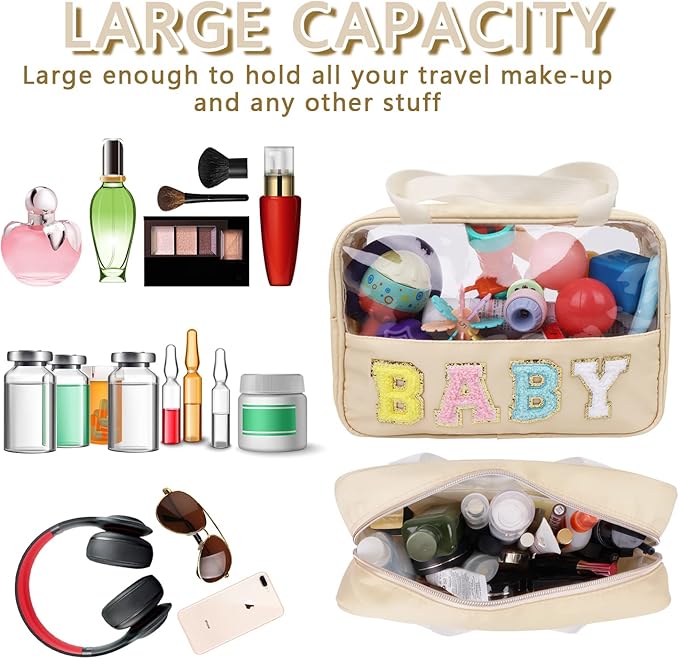 Iqimott Chenille Letter Patch Baby Bag, Preppy Clear Makeup Cosmetic Bag Large Toiletry Storage Tote Bag with Handle, Transparent Nylon Waterproof Organizer Zipper Pouch for Travel Women Girls(Beige)