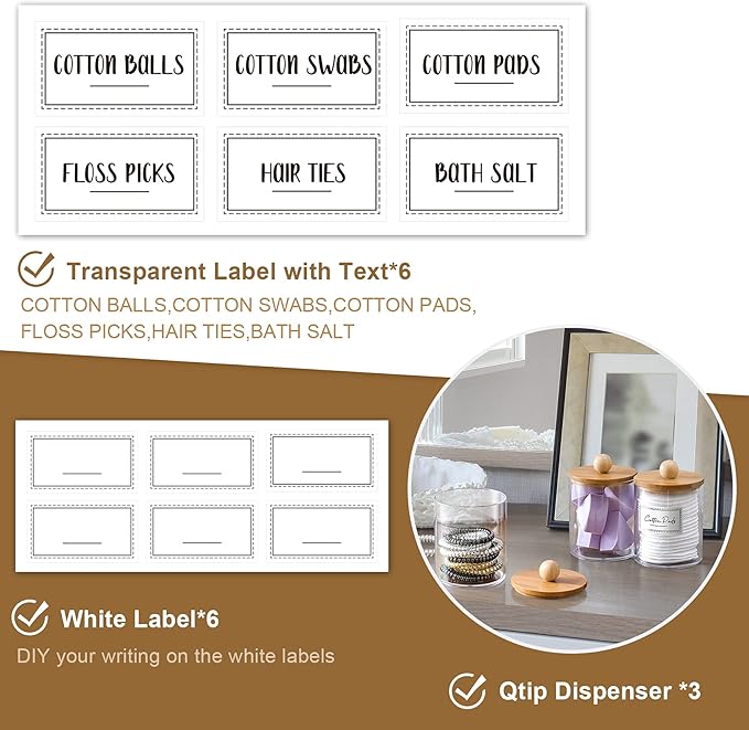 3 Pack Qtip Holder Dispenser with Bamboo Lids - 10 oz Clear Plastic Apothecary Jar Containers for Vanity Makeup Organizer Storage - Bathroom Accessories Set for Cotton Swab, Ball, Pads, Floss