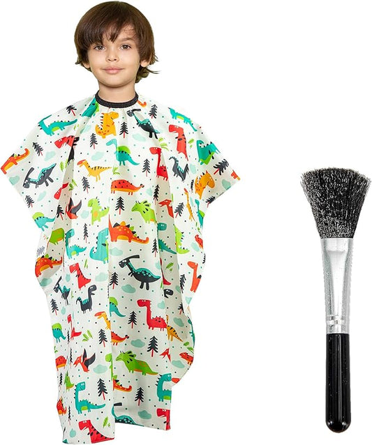 Gealaek Kids Haircut Cape and Neck Duster Brush Set with Dinosaur Pattern Kids Barber Cape 55x40 Inches for Boys & Girls Salon Cape Kit (White)