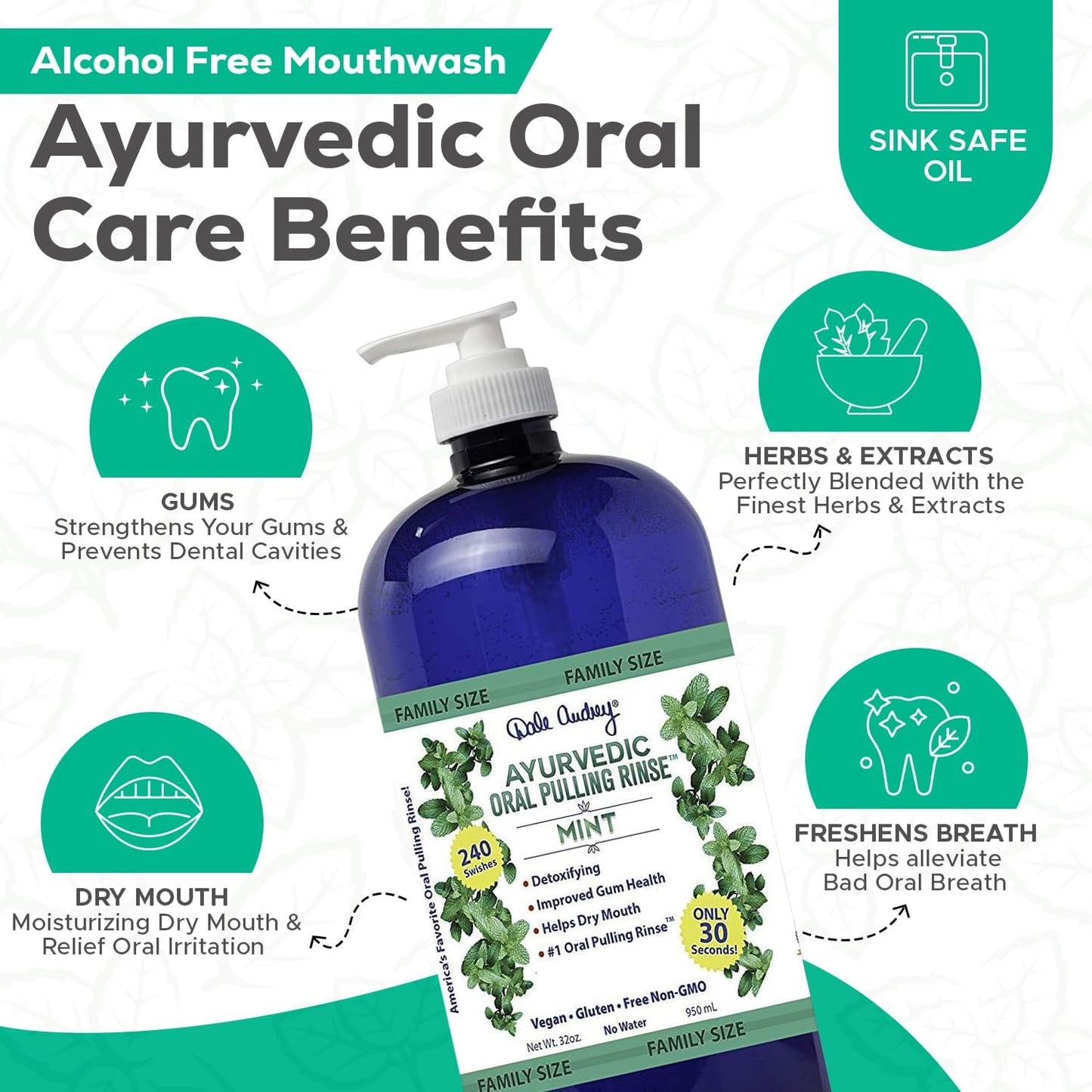 Organic Oil Pulling for Teeth and Gums | Refreshing Mint Flavored Oral Rinse Mouthwash for Bad Breath-Essential Oils for Teeth Whitening & Gum Care | Mouthwash for Fresh Breath, Family Size-32 FL Oz