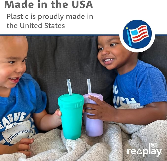 Re-Play 10 oz. Straw Cups for Kids with Silicone Locking Straws - Dishwasher & Microwave Safe - Made in USA - Set of 4-7.37" x 7.37" x 1.25" - Meadow