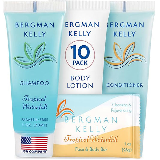 Bergman Kelly Hotel Toiletries Bundle (Tropical Waterfall, 1 oz each, 40 Pcs) 4-Piece Set: 10 Rectangular Bar Soap, 10 Shampoo, 10 Conditioner & 10 Body Lotion - Bulk Mini Guest Amenities Supply