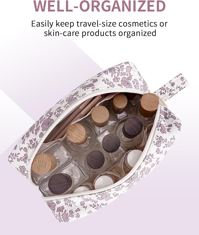 Narwey Cute Makeup Bag Small Toiletry Bag Travel Cosmetic Bag Organizer Make Up Bags with Organized Pockets for Women (Little Dusty Pink Flower, Large)