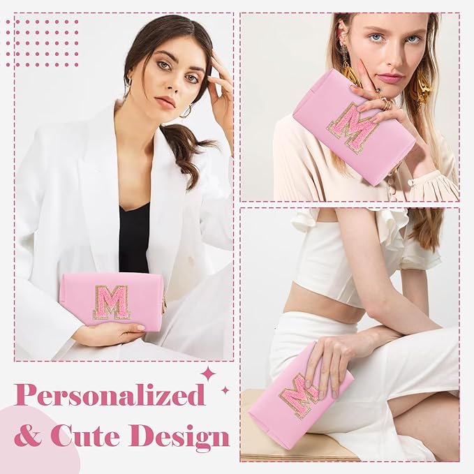 Personalized Initial A-Z Preppy Patch Makeup Bag,Small PU Leather Chenille Letter Cosmetic Bag with Zipper for Teen Girls,Pink Cute Travel Toiletry Bag,Birthday Monogrammed Gift for Daughter,Letter M