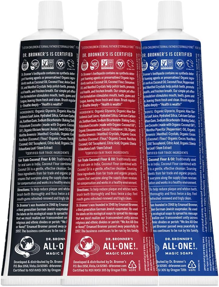 Dr. Bronner’s All-One Toothpaste 3-Pack Variety– (Peppermint, Cinnamon, Anise, 5oz Each)– 70% Organic Ingredients, SLS Free Toothpaste, Fluoride Free, Natural, Vegan, Gentle for Sensitive Teeth
