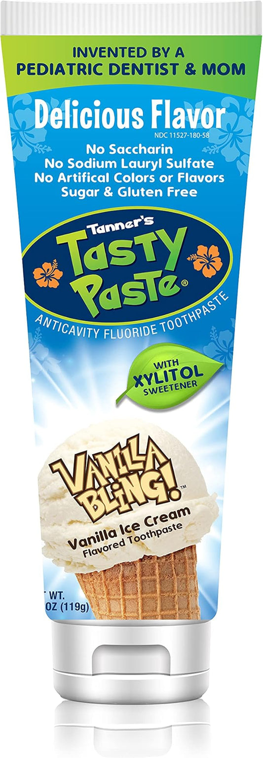 Tanner's Tasty Paste Vanilla Bling - Anticavity Fluoride Children’s Toothpaste/Great Tasting, Safe, and Effective Vanilla Flavored Toothpaste for Kids (4.2 oz.)