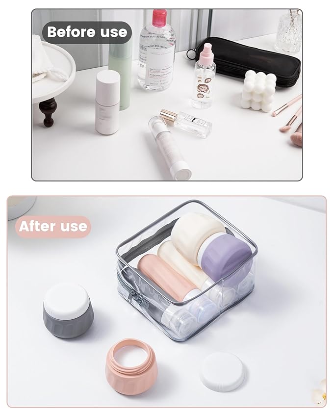 Travel Size Toiletries 8 Pack, TSA Approved 3oz Silicone Squeeze Bottles & Cream Jars with Clear Travel Bag