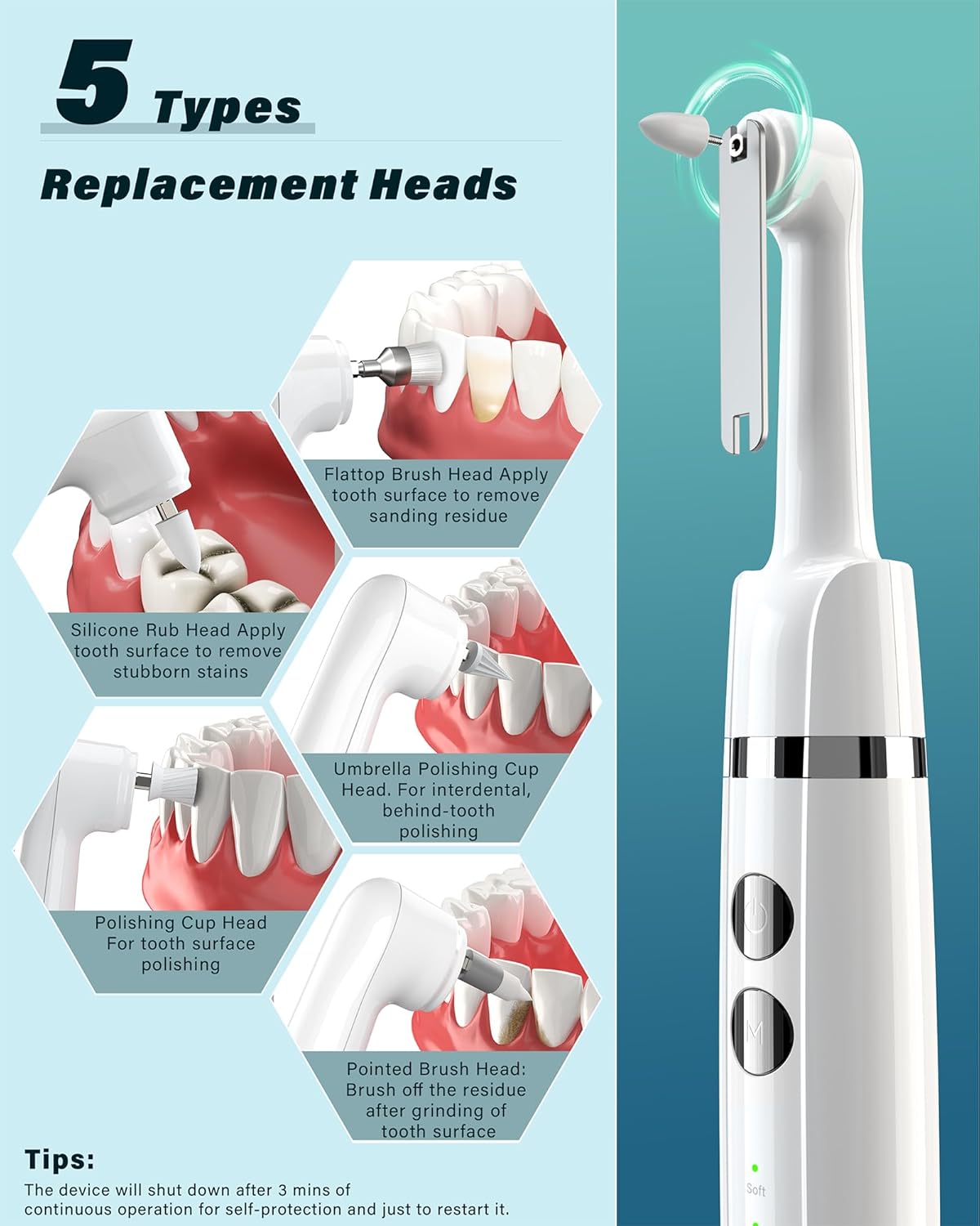 Tooth Polisher, Rechargeable Tooth Whitening Kit for Teeth Cleaning and Whitening, with 3 Tooth Polish Paste and 5 Brush Heads, LED Light, Easy to Use at-Home Personal Dental Care Kit
