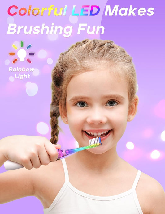 SEAGO Kids Electric Toothbrush with 2 Mins Brushing Timer and 8 Replacement Bursh Heads,Rainbow LED Light Make Brushing Fun, Blue Color Boys Battery Powerd Toothbrush for 4-12 Years Old