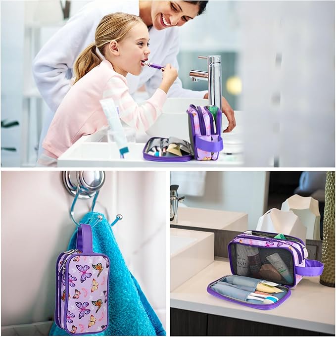 Kids Toiletry Bag for Girls, Travel Toiletry Bag for Little Young Girls Cosmetic Bag Makeup Bag Waterproof Hanging Wash Bag Toddler Toiletries, Butterfly Purple