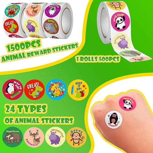 3 Rolls Motivational Stickers for Kids 1500 Pcs Round Animal Incentive Stickers for School Classroom Potty Training Rewards (Multicolour Animal)