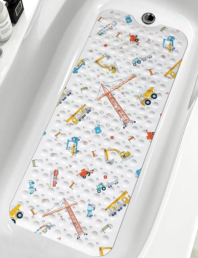 LNOND Baby Bath Mat Non Slip, Kids Bath Mat for Bathroom, Building Machine Shower Mat with Drain Holes and Suction Cups,40 X 16 Inch