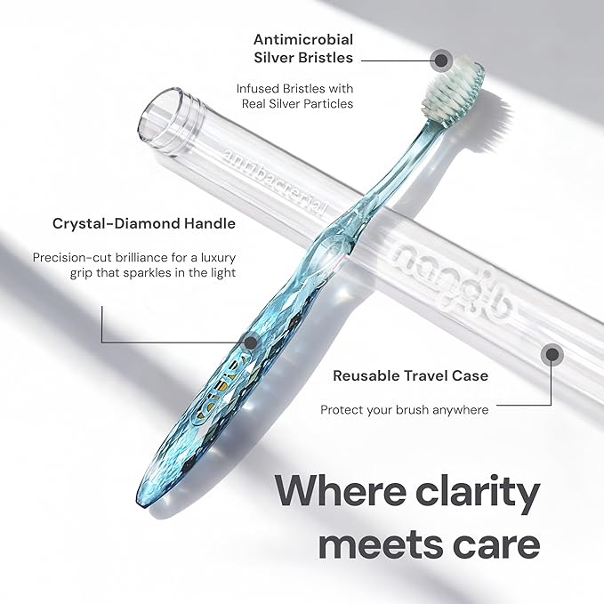 Nano-b Manual Toothbrush Set for Adults with Sensitive Gums, Silver Soft/Medium Bristles, Travel Cases, Blue, Pink, Green, Crystal, 8-Pack
