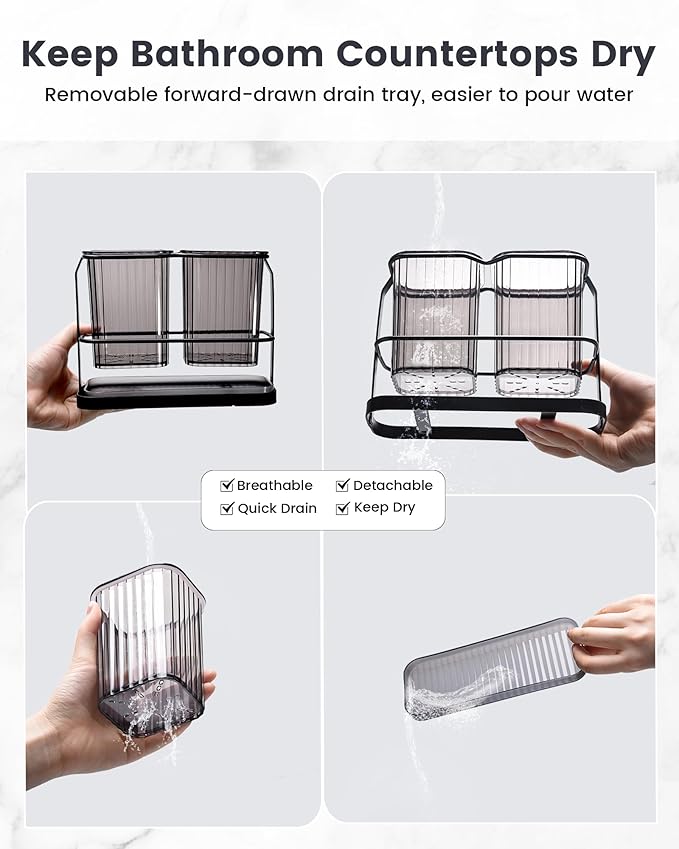 KONE Black Toothbrush Holders for Bathrooms, 2 Cups Toothbrush Holders Wall Mounted, Dry & Wet Separation, Bathroom Organizers and Storage, Bathroom Toothbrush Holder Set for Family Kids