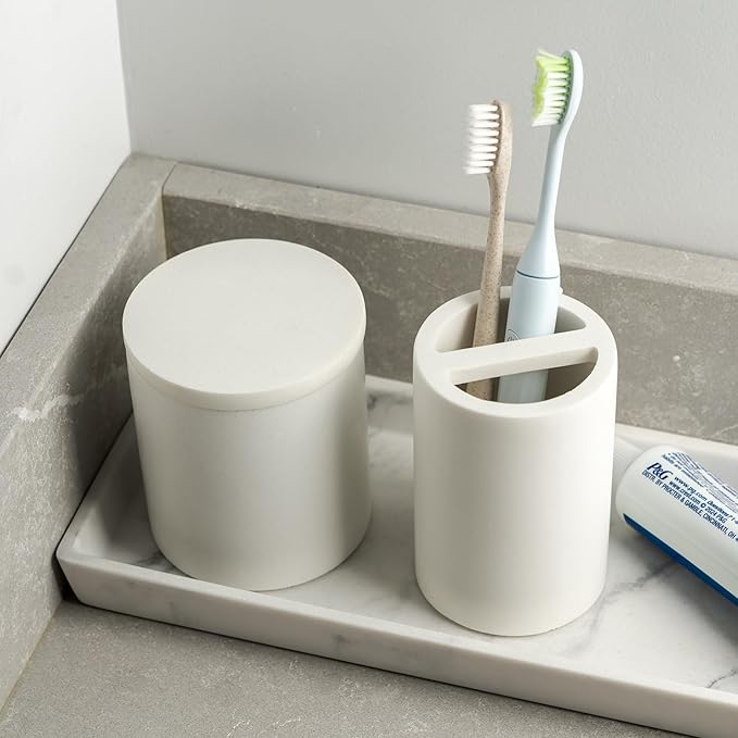 White Toothbrush Holder for Bathrooms – Modern Resin Countertop Organizer with Slots, Compact Toothbrush and Toothpaste Storage for Vanity, Hotel, Airbnb (White)