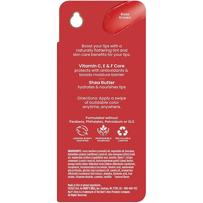 Burt’s Bees Stocking Stuffers, Tinted Boosted Balm, Rose Knows, Hydrating Tinted Lip Balm, 24 Hour Lip Moisturizer with Responsibly Sourced Beeswax, 100% Natural Origin, 1 Count, 0.16oz