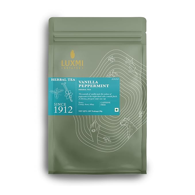 Luxmi Estates Vanilla Peppermint Organic Peppermint Tea (50 Tea Bags) Caffeine Free Tea Bags For Relaxing, Calming, and Stress Relief, With Certified Organic Herbal Tea