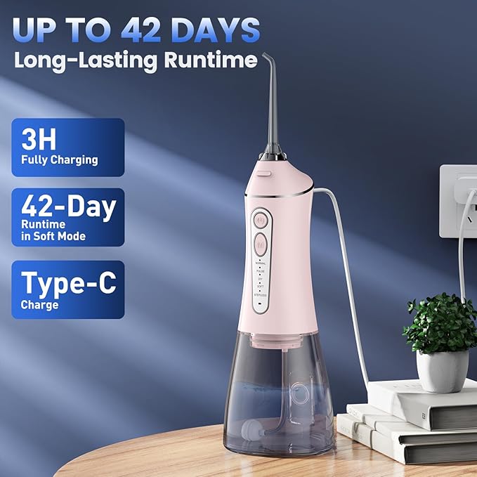 Water Flosser for Teeth Cleaning and Flossing, 5 Modes Rechargeable Cordless Oral Irrigator 320ml Water Tank Teeth Cleaner, IPX7 Waterproof Portable Electric Dentel Flossers for Home and Travel,Pink