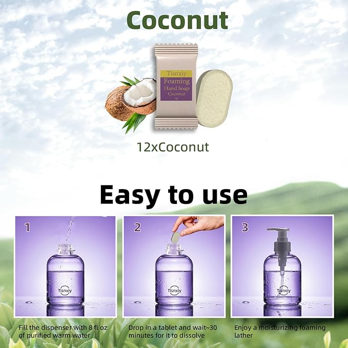 Foaming Hand Soap Tablet Refills - 12 Count- 96 fl oz total (12x 8 fl oz) - Eco-Friendly Foaming Hand Soap Refill - Gentle on Hands, Kind to Earth - Coconut
