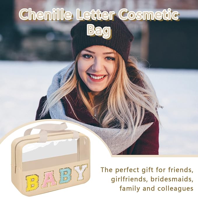 Iqimott Chenille Letter Patch Baby Bag, Preppy Clear Makeup Cosmetic Bag Large Toiletry Storage Tote Bag with Handle, Transparent Nylon Waterproof Organizer Zipper Pouch for Travel Women Girls(Beige)