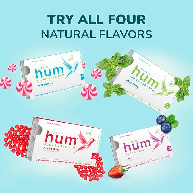 Stevita Hum, Peppermint - Sugar-Free Gum - 12 Pieces, Pack of 12 - Supports Oral Health - Non-GMO, Vegetarian, Keto, Gluten Free (Package may vary)