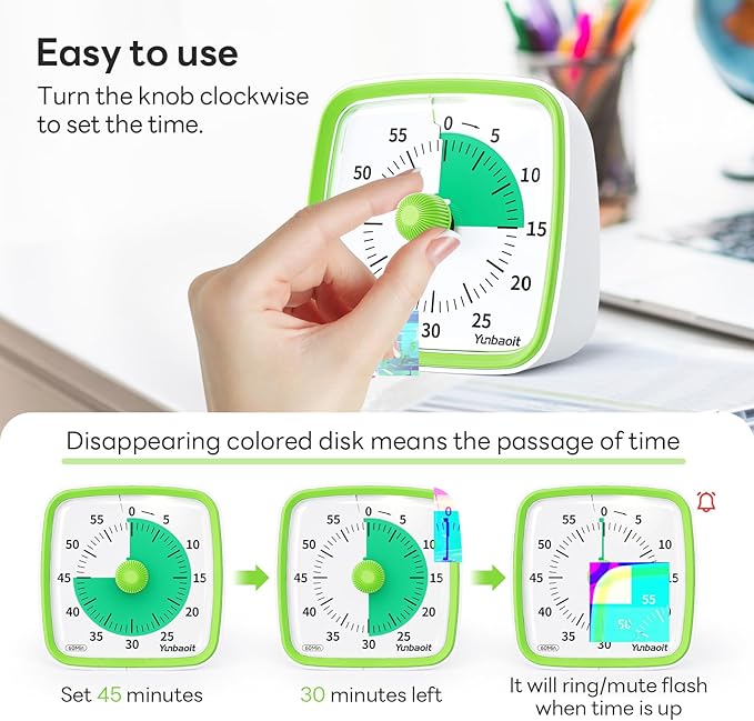 Yunbaoit Visual Timer with Night Light, 60-Minute Countdown Timer for Kids and Adults, Silent Classroom Timer, Time Management Tool for Home, School, or Work (Light Green)