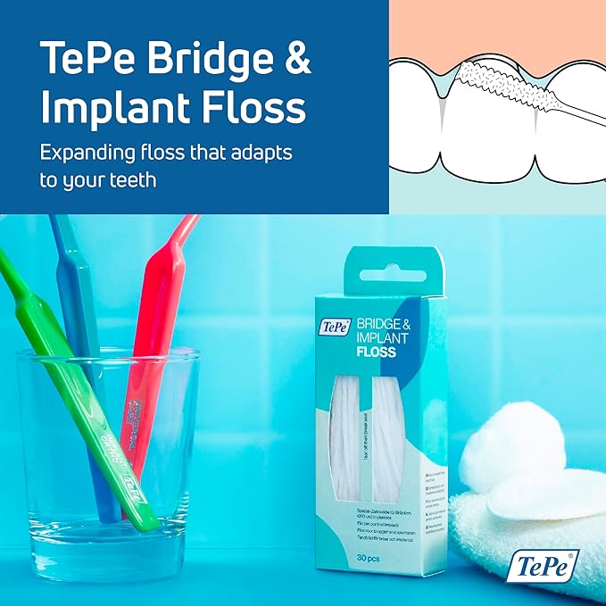 TePe Bridge and Implant Floss for Dental Implants, Bridges, and Braces, Dental Flossers, 30 Pieces (Pack of 2)