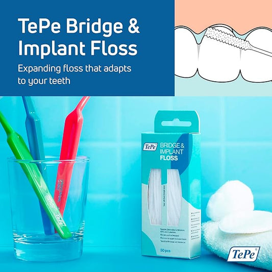 TePe Bridge and Implant Floss for Dental Implants, Bridges, and Braces, Dental Flossers, 30 Pieces (Pack of 2)
