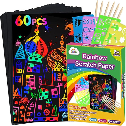 ZMLM Scratch Paper Art Set: 60Pcs Magic Drawing Art Craft Kid Scratch Paper Supplies Toddler Preschool Learning Toys for Age 3 4 5 6 7 8 Girls Boys Birthday Activities Party Favors