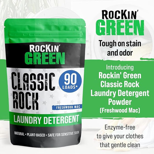 Rockin' Green Classic Rock Laundry Detergent (90 Loads), Plant based, All Natural Laundry Detergent Powder, Vegan and Biodegradable Odor Fighter, Safe for Sensitive Skin, 45 oz (Freshwood Mac)